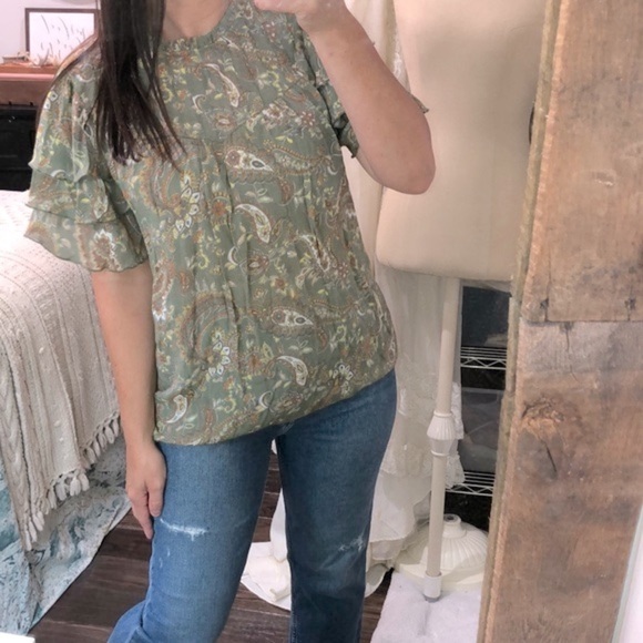 Nanette Lepore green floral top ruffle sleeves size large - Picture 3 of 10